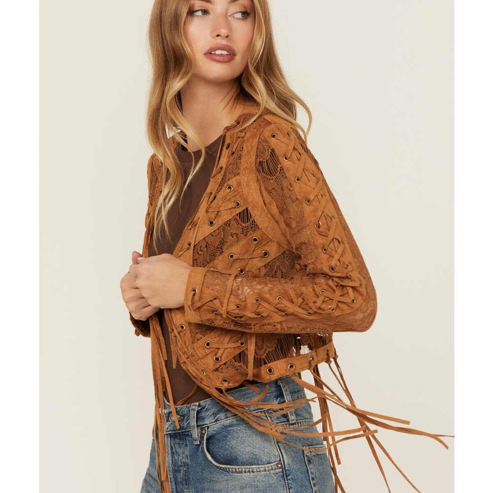 Fringe Suede Lace-Up Jacket - Brown size M boho festival concert season vibes
